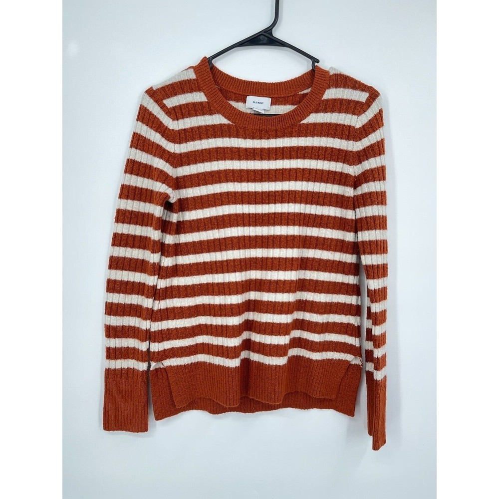 Old Navy Women Sweater Rust White Stripe Ribbed Knit Crew Neck‎ Long Sleeve  S